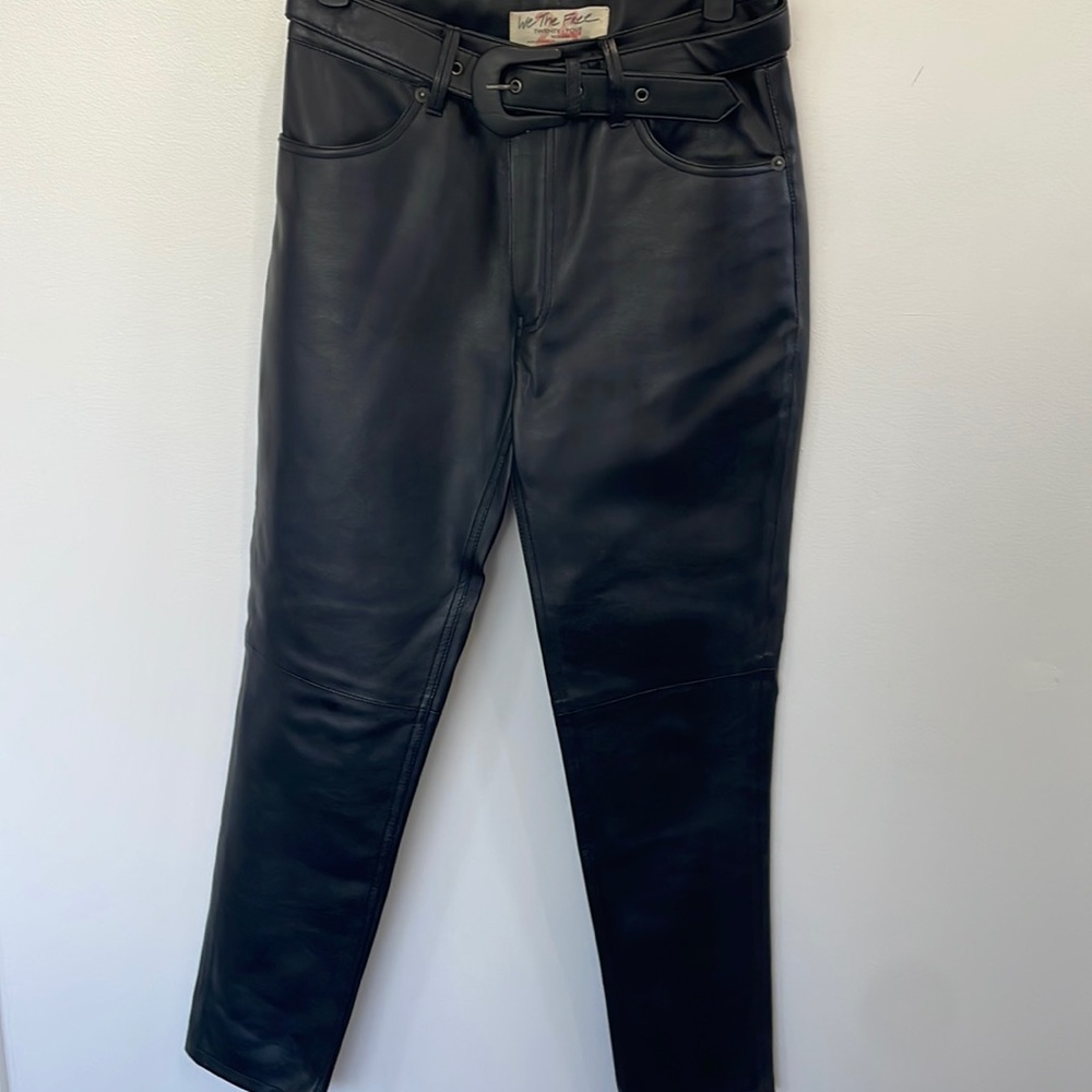 Free People black faux leather belted classic office work pants. Size 24